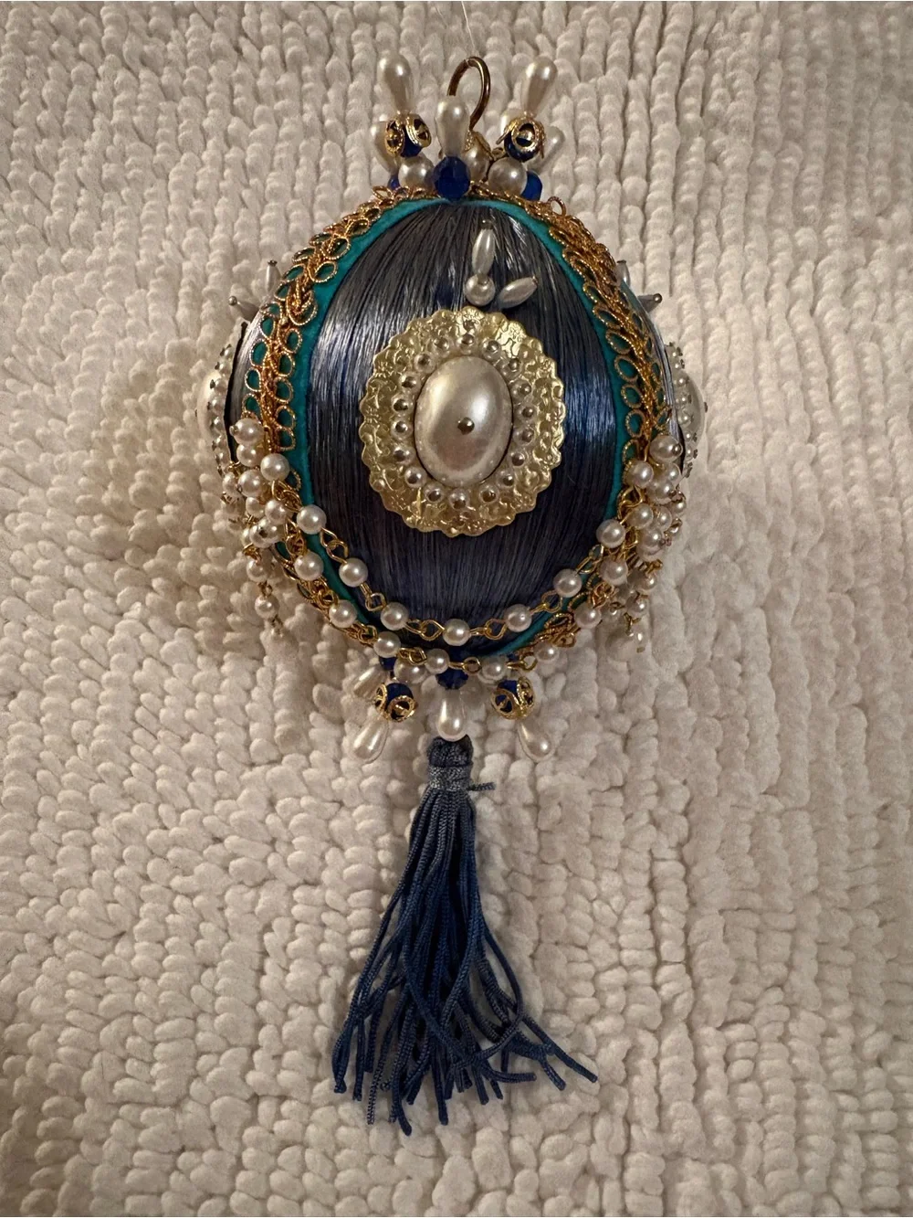 Handcrafted Blue and White Beaded Tassel Push Pin Ornament
